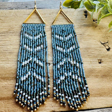 Load image into Gallery viewer, Gray Blue, White and Navy Blue Beaded Fringe Earrings with Triangle Accent
