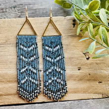 Load image into Gallery viewer, Gray Blue, White and Navy Blue Beaded Fringe Earrings with Triangle Accent
