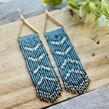 Load image into Gallery viewer, Gray Blue, White and Navy Blue Beaded Fringe Earrings with Triangle Accent
