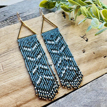 Load image into Gallery viewer, Gray Blue, White and Navy Blue Beaded Fringe Earrings with Triangle Accent
