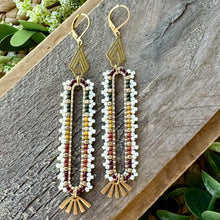 Load image into Gallery viewer, Brass Frame Beaded Earrings, Brown, Green, Mustard Yellow, Pumpkin Orange
