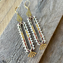 Load image into Gallery viewer, Brass Frame Beaded Earrings, Brown, Green, Mustard Yellow, Pumpkin Orange
