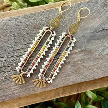 Load image into Gallery viewer, Brass Frame Beaded Earrings, Brown, Green, Mustard Yellow, Pumpkin Orange
