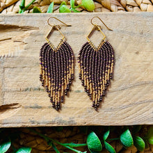 Load image into Gallery viewer, Brown and Gold Beaded Fringe Earrings on Gold Diamond Frames with Purple Highlights
