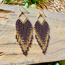 Load image into Gallery viewer, Brown and Gold Beaded Fringe Earrings on Gold Diamond Frames with Purple Highlights
