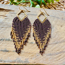 Load image into Gallery viewer, Brown and Gold Beaded Fringe Earrings on Gold Diamond Frames with Purple Highlights
