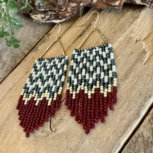 Load image into Gallery viewer, Retro Pattern Burgundy, Teal, Cream and Gold Beaded Fringe Earrings, Triangle Frame
