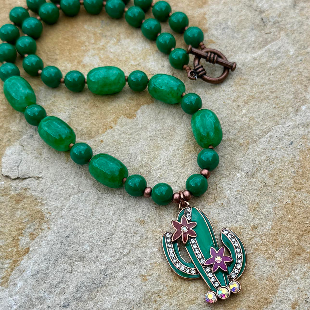 Emerald Green Statement Necklace with Cactus Pendant