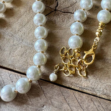 Load image into Gallery viewer, Pearl Necklace with Black and White Gingham Heart Pendant, Gold Findings
