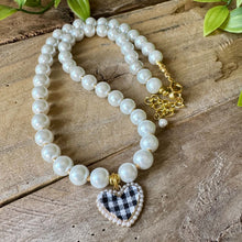 Load image into Gallery viewer, Pearl Necklace with Black and White Gingham Heart Pendant, Gold Findings
