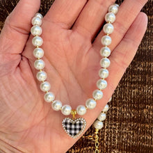 Load image into Gallery viewer, Pearl Necklace with Black and White Gingham Heart Pendant, Gold Findings
