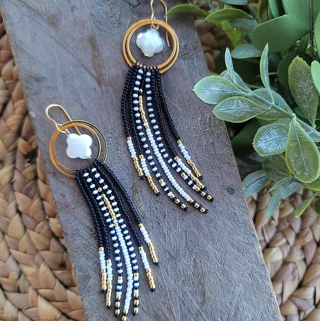 Black, White, Gold Fringe Earrings on Hoop with Beaded accent