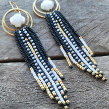 Load image into Gallery viewer, Black, White, Gold Fringe Earrings on Hoop with Beaded accent
