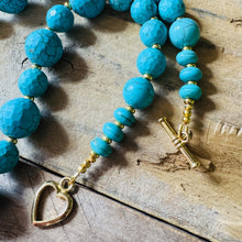 Load image into Gallery viewer, Chunky Turquoise Beaded Statement Necklace with Gold Plated Heart Toggle Clasp
