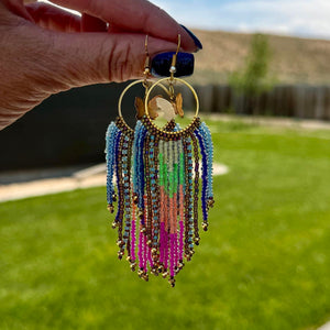 Multi-Colored Beaded Fringe Hoop Earrings with Gold Butterflies