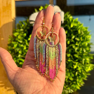 Multi-Colored Beaded Fringe Hoop Earrings with Gold Butterflies