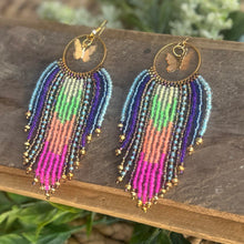 Load image into Gallery viewer, Multi-Colored Beaded Fringe Hoop Earrings with Gold Butterflies
