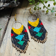 Load image into Gallery viewer, Bold, Geometric Beaded Frings Gold Hoops, Hematite, Yellow, Turquoise Blue, Green, Red
