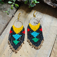 Load image into Gallery viewer, Bold, Geometric Beaded Frings Gold Hoops, Hematite, Yellow, Turquoise Blue, Green, Red

