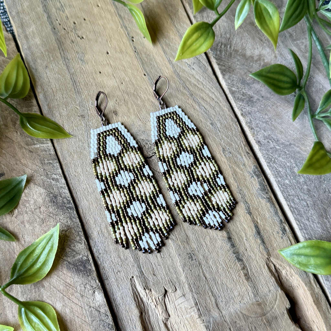 70's inspired beaded curtain fringe earrings, off-white, beige, olive green, bronze, brown