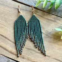 Load image into Gallery viewer, Deep Emerald Green Beaded Fringe Earrings with Hematite and Rose Gold Accents
