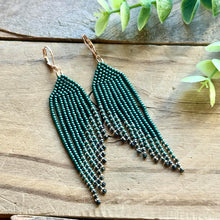 Load image into Gallery viewer, Deep Emerald Green Beaded Fringe Earrings with Hematite and Rose Gold Accents
