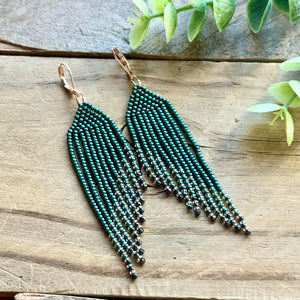 Deep Emerald Green Beaded Fringe Earrings with Hematite and Rose Gold Accents