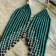 Load image into Gallery viewer, Deep Emerald Green Beaded Fringe Earrings with Hematite and Rose Gold Accents
