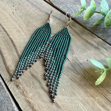 Load image into Gallery viewer, Deep Emerald Green Beaded Fringe Earrings with Hematite and Rose Gold Accents
