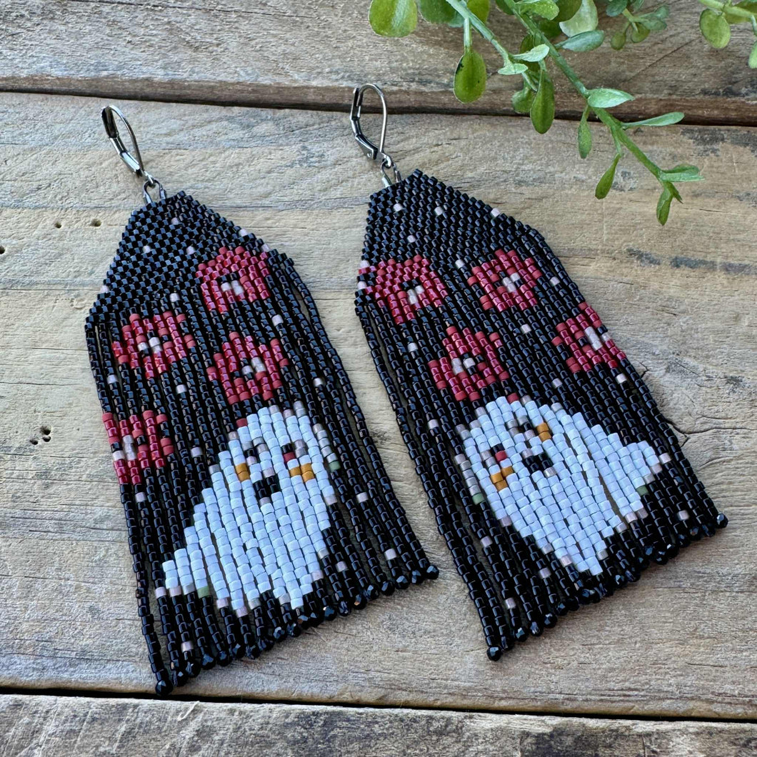 Black Red Burgundy Cranberry White Ghost Earrings, Beaded Fringe, Halloween