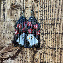 Load image into Gallery viewer, Black Red Burgundy Cranberry White Ghost Earrings, Beaded Fringe, Halloween
