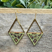 Load image into Gallery viewer, Green, Gold, Brown and Golden Iris Snake Skin Beaded Triangle Earrings

