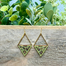 Load image into Gallery viewer, Green, Gold, Brown and Golden Iris Snake Skin Beaded Triangle Earrings
