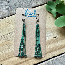 Load image into Gallery viewer, Metallic Sage Green Beaded Tassel Earrings, Hematite Findings, Petite, Dangle Earrings, Boho
