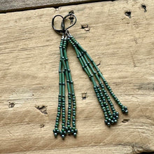 Load image into Gallery viewer, Metallic Sage Green Beaded Tassel Earrings, Hematite Findings, Petite, Dangle Earrings, Boho
