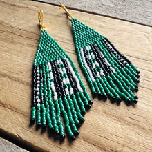 Load image into Gallery viewer, Kelly Green, Black and White Earrings, Abstract Pattern, Beaded Fringe
