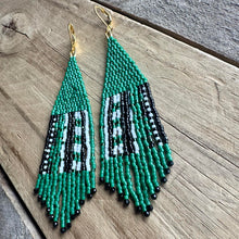 Load image into Gallery viewer, Kelly Green, Black and White Earrings, Abstract Pattern, Beaded Fringe
