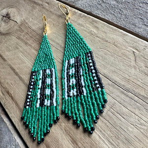 Kelly Green, Black and White Earrings, Abstract Pattern, Beaded Fringe