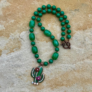 Emerald Green Statement Necklace with Cactus Pendant