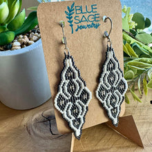 Load image into Gallery viewer, Moroccan Tile Beaded Earrings, Navy Gunmetal, White and Silver, Boho Chic, Handmade
