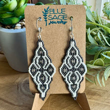 Load image into Gallery viewer, Moroccan Tile Beaded Earrings, Navy Gunmetal, White and Silver, Boho Chic, Handmade
