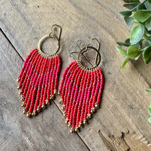 Load image into Gallery viewer, Bright Pink Beaded Fringe Earrings on Gold Hoops, with Chevron Pattern
