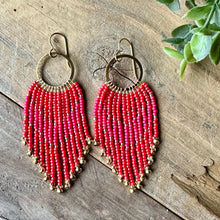 Load image into Gallery viewer, Bright Pink Beaded Fringe Earrings on Gold Hoops, with Chevron Pattern
