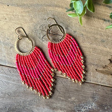 Load image into Gallery viewer, Bright Pink Beaded Fringe Earrings on Gold Hoops, with Chevron Pattern
