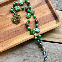 Load image into Gallery viewer, Antique Brass and Hunter Green Necklace with Bling Horn Pendant, Czech glass, long necklace
