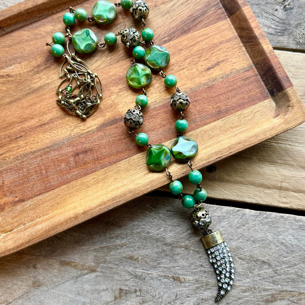 Antique Brass and Hunter Green Necklace with Bling Horn Pendant, Czech glass, long necklace