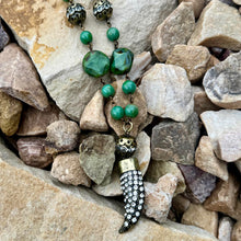 Load image into Gallery viewer, Antique Brass and Hunter Green Necklace with Bling Horn Pendant, Czech glass, long necklace
