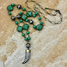 Load image into Gallery viewer, Antique Brass and Hunter Green Necklace with Bling Horn Pendant, Czech glass, long necklace
