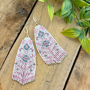 seed and sage flower earrings Pastel Floral Seed Bead Earrings with Fringe Miyuki Delica, Pink, Lave – Blue Sage Jewelry