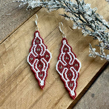 Load image into Gallery viewer, Moroccan Tile Beaded Earrings, Cranberry Red, White and Silver, Boho Chic, Handmade (Copy)
